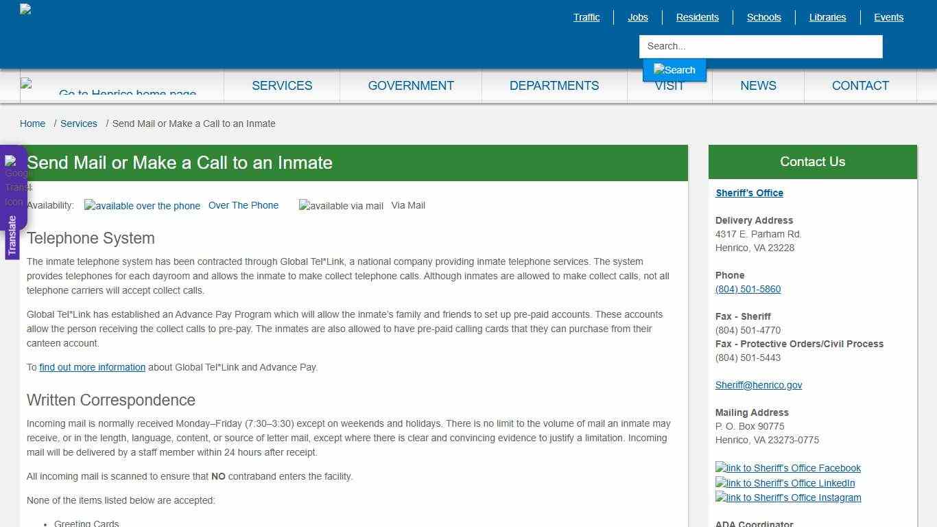 Send Mail or Make a Call to an Inmate » Henrico County, Virginia